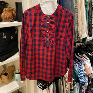 Draper James Checked Blouse with ruffle, gold buttons, and scalloped hem